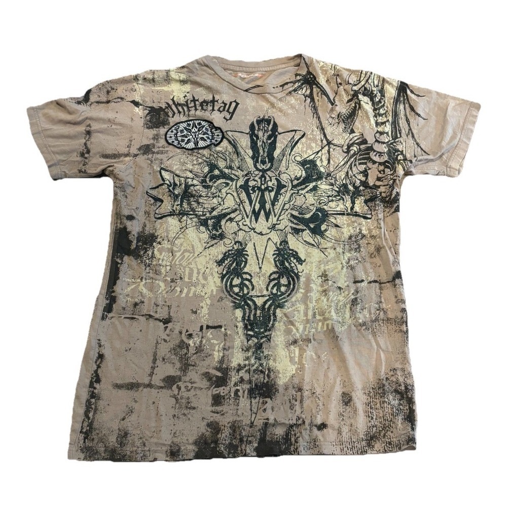 Vintage Y2K White tag Graphic Gothic Size L T-shirt  Beige With Holes